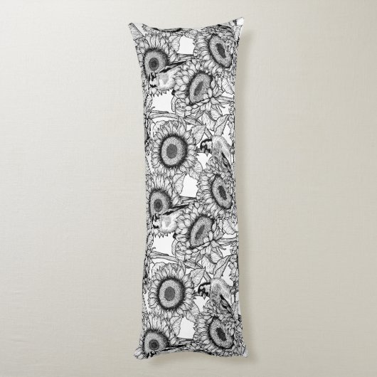 Zonnebloemen en goudvinken in zwart-wit lichaamskussen (Achterkant (Verticaal))