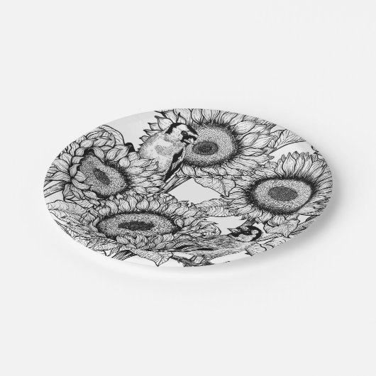 Zonnebloemen en goudvinken in zwart-wit papieren bordje (Gekanteld)