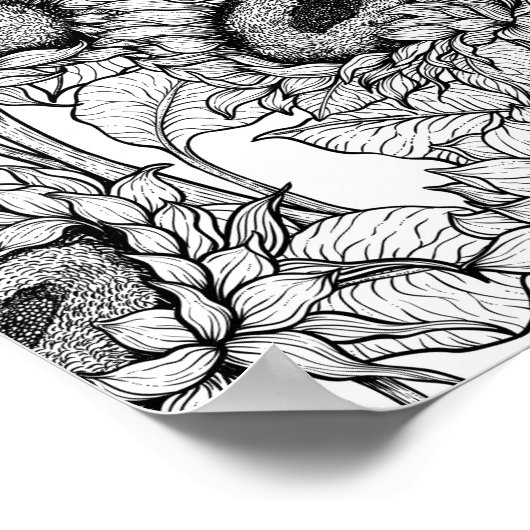 Zonnebloemen en goudvinken in zwart-wit poster (Hoek)