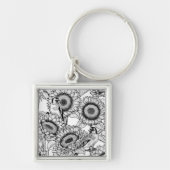 Zonnebloemen en goudvinken in zwart-wit sleutelhanger (Voorkant)