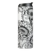 Zonnebloemen en goudvinken in zwart-wit thermosbeker (Gedraaid links)