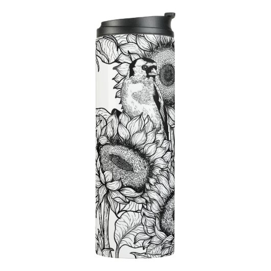 Zonnebloemen en goudvinken in zwart-wit thermosbeker (Gedraaid links)