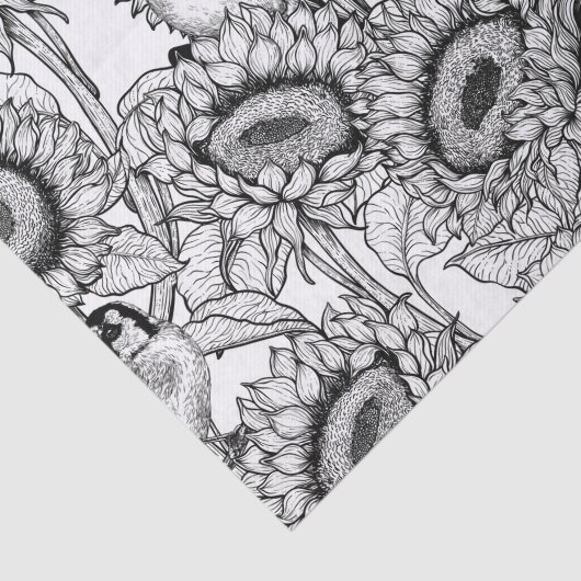 Zonnebloemen en goudvinken in zwart-wit tissuepapier (Detail)