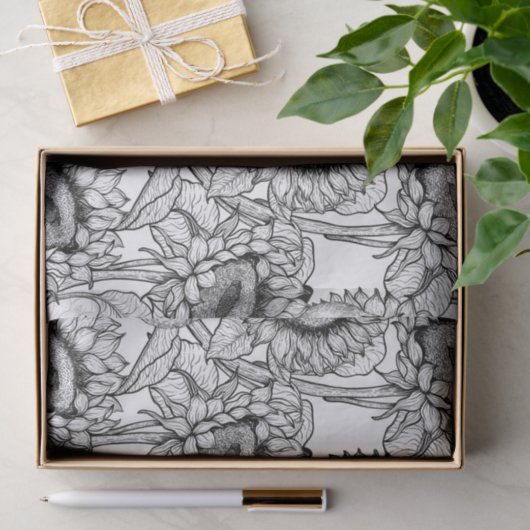 Zonnebloemen en goudvinken in zwart-wit tissuepapier (Geschenk)