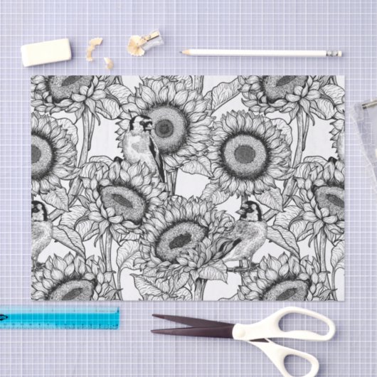 Zonnebloemen en goudvinken in zwart-wit tissuepapier (Craft)