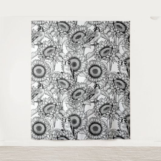 Zonnebloemen en goudvinken in zwart-wit wandkleed (Voorkant)