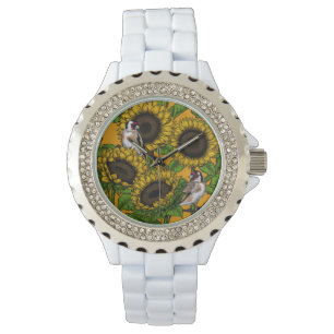 Zonnebloemen en goudvinken op sinaasappel horloge