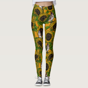 Zonnebloemen en goudvinken op sinaasappel leggings