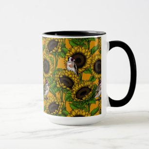 Zonnebloemen en goudvinken op sinaasappel mok