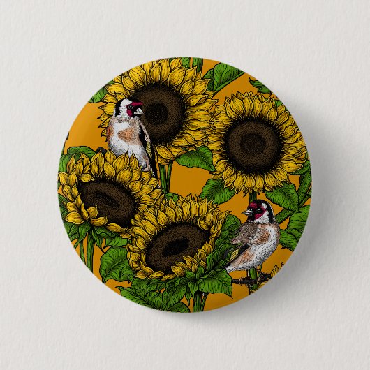 Zonnebloemen en goudvinken op sinaasappel ronde button 5,7 cm (Voorkant)