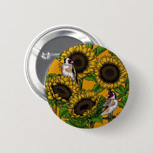 Zonnebloemen en goudvinken op sinaasappel ronde button 5,7 cm (Voorkant /achterkant)