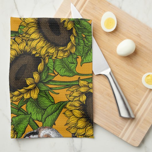 Zonnebloemen en goudvinken op sinaasappel theedoek (Quarter Fold)