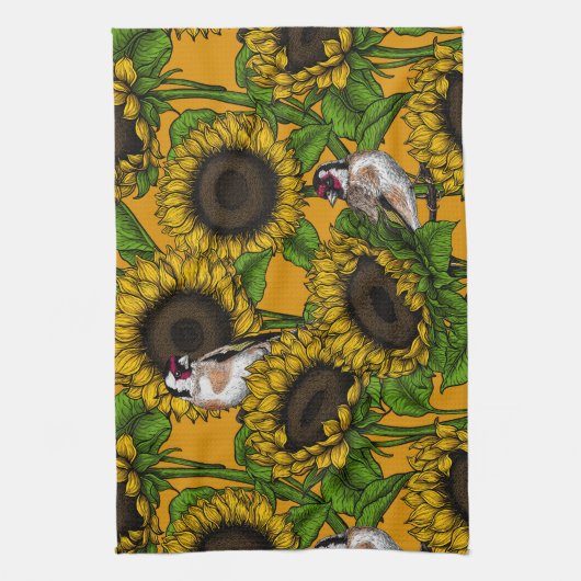 Zonnebloemen en goudvinken op sinaasappel theedoek (Verticaal)