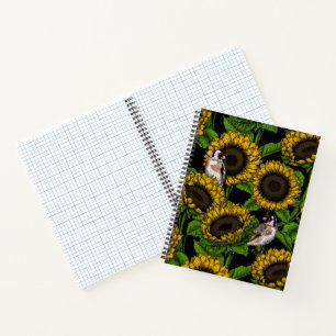 Zonnebloemen en goudvinken op zwart notitieboek