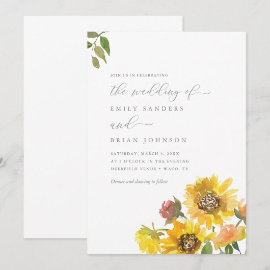 Zonnebloemen en groen Elegant Rustic Wedding Kaart (Voorkant / Achterkant)