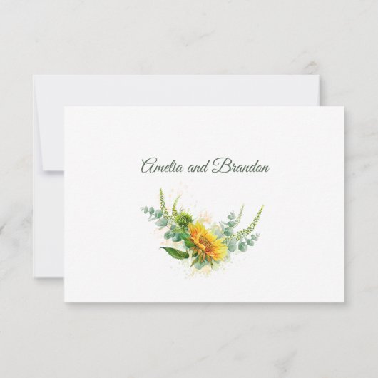 Zonnebloemen en Groene Waterverf Rustieke Trouwdag RSVP Kaartje (Achterkant)