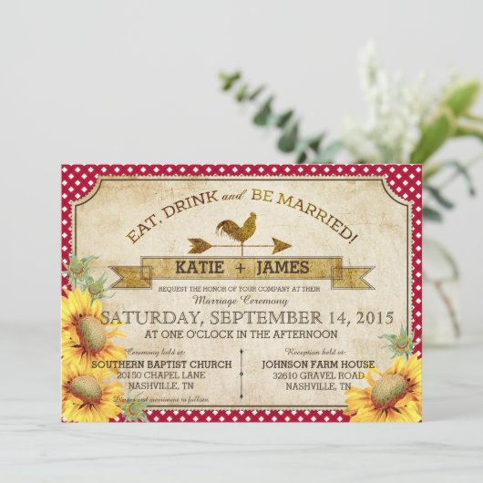 Zonnebloemen en Haan Picknick Uitnodiging bruiloft (Staand voorkant)