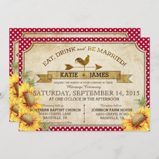 Zonnebloemen en Haan Picknick Uitnodiging bruiloft (Voorkant / Achterkant)