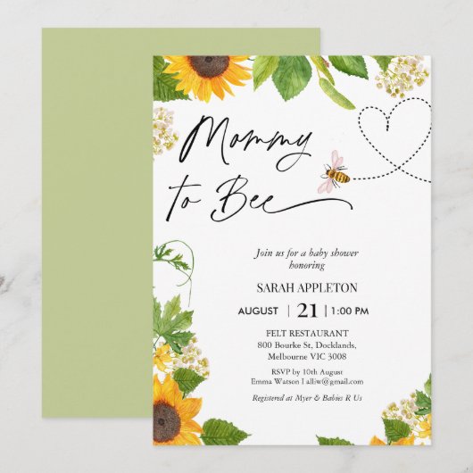 Zonnebloemen en harten Mama to Bee Baby shower Kaart (Voorkant / Achterkant)