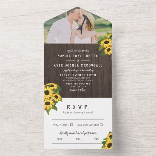 Zonnebloemen en hout Rustic Fotobruiloft All In One Uitnodiging (Binnen)