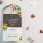 Zonnebloemen en hout Rustic Fotobruiloft All In One Uitnodiging<br><div class="desc">Robuust alles in één trouwuitnodiging met uitnodiging,  rsvp,  en envelop in één. Met zonnebloemen en bedrukt hout en bijtende lettertypen. Personaliseer je met een foto!</div>