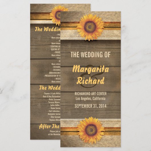 Zonnebloemen en houten land bruiloft programma's (Voorkant / Achterkant)