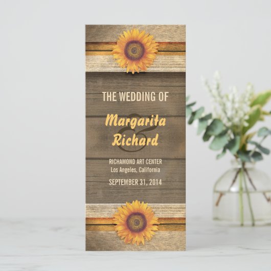 Zonnebloemen en houten land bruiloft programma's (Staand voorkant)