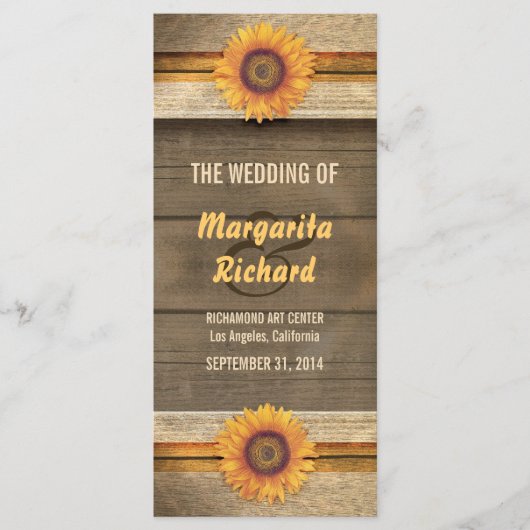 Zonnebloemen en houten land bruiloft programma's (Voorkant)