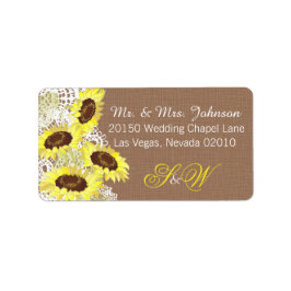 Zonnebloemen en Kant Rustiek Bruiloft Label