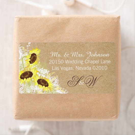 Zonnebloemen en Kant Rustiek Bruiloft Label (Insitu)