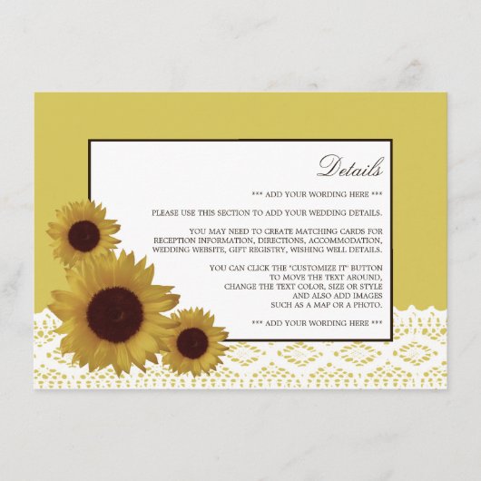 Zonnebloemen en Kant Trouwdetail Informatiekaartje (Voorkant)