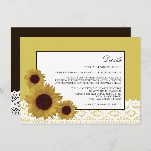Zonnebloemen en  Kant Trouwdetail Informatiekaartje (Voorkant / Achterkant)