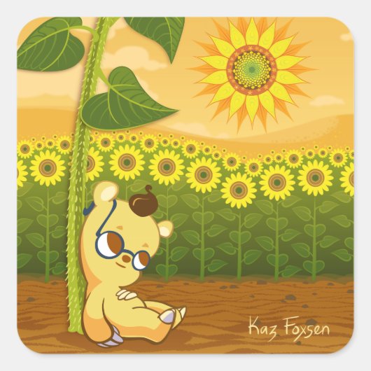 Zonnebloemen en Kawaii Beer Vierkante Sticker (Voorkant)