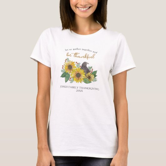 Zonnebloemen en kraai Dankbare Thanksgiving Famili T-shirt (Voorkant)