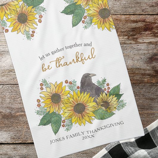 Zonnebloemen en kraai Dankbare Thanksgiving Famili Theedoek