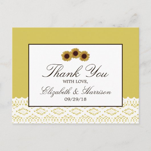 Zonnebloemen en  Lace Wedding Hartelijk dank Briefkaart (Voorkant)