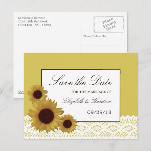 Zonnebloemen en  Lace Wedding Save the Date Aankondigingskaart (Voorkant / Achterkant)