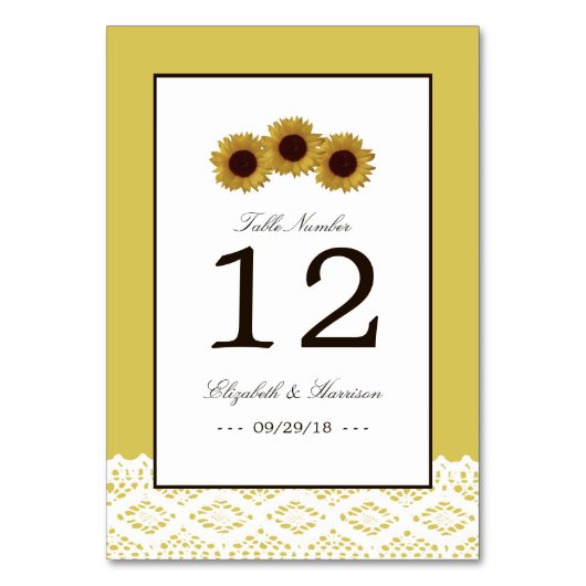 Zonnebloemen en Lace Wedding Table No. Kaart (Voorkant)