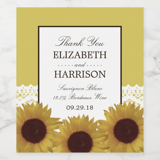 Zonnebloemen en  Lace Wedding Wijn Etiket (Enkel label)