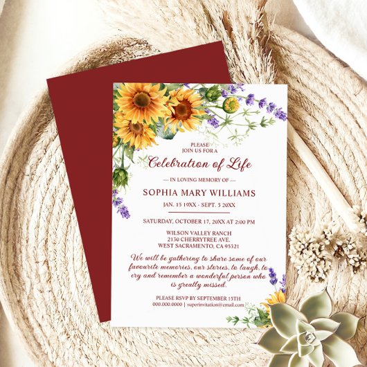 Zonnebloemen en lavendel begrafenis viering van he kaart