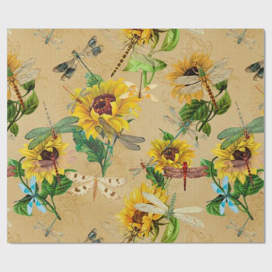  zonnebloemen en libellen cadeaupapier (Vlak)