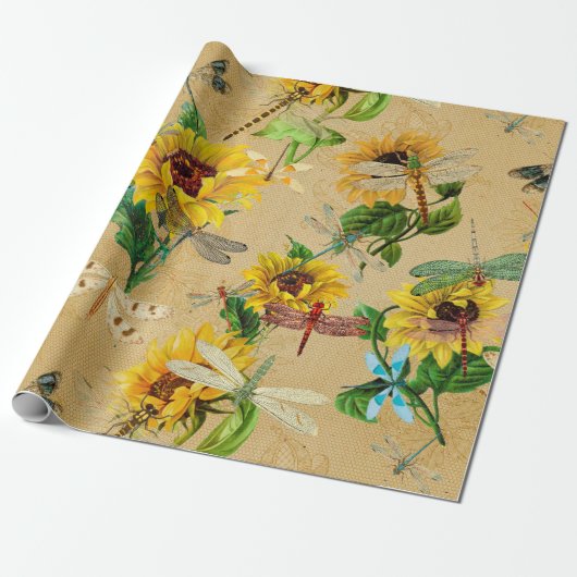 zonnebloemen en libellen cadeaupapier (Uitgerold)