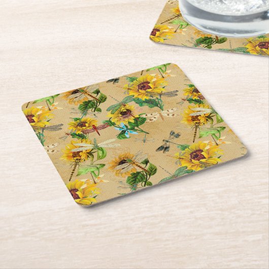 zonnebloemen en libellen kartonnen onderzetters (Schuin)