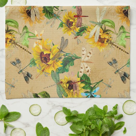  zonnebloemen en libellen theedoek (Gevouwen)