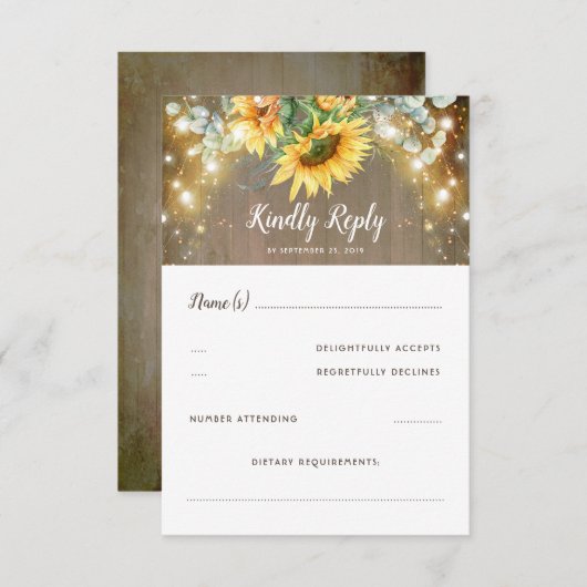 Zonnebloemen en Lichten Rustiek Land Bruiloft RSVP (Voorkant / Achterkant)