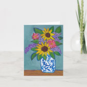 Zonnebloemen en likeuren in Blauw en Witte Vase Kaart (Voorkant)