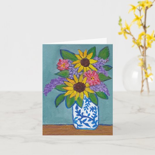 Zonnebloemen en likeuren in Blauw en Witte Vase Kaart (Gele Bloem)