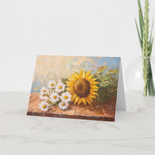 Zonnebloemen en Madeliefjes op Rustieke Tafel Kaart (Voorkant)