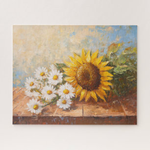 Zonnebloemen en Madeliefjes op Rustieke Tafel Legpuzzel