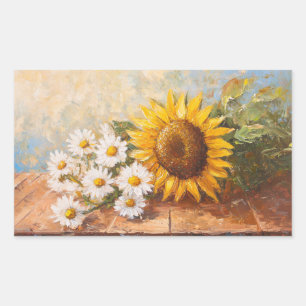Zonnebloemen en Madeliefjes op Rustieke Tafel Rechthoekige Sticker